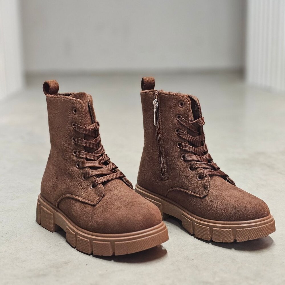 Chunky Sole Brown Faux Suede Combat Boots With Side Zipper & Lace-Up Closure For
